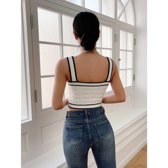 Plazacore preppy Contrast Trim Button Detail Crop Knit Top tan - Picture 7 of 11